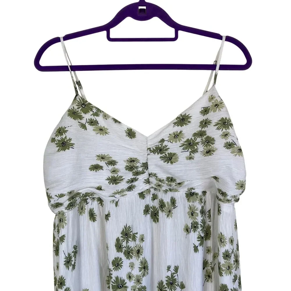 Abercrombie & Fitch Sz XL Babydoll Maxi Dress White Green Floral Crinkle